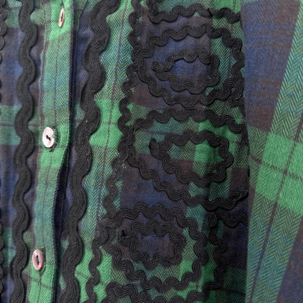 Sister Mary Rosa Plaid Trimmed Shirt Green Navy Ruffled Collar RicRac Size Small - Picture 4 of 12